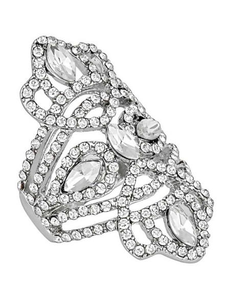 Bague FAMIGI White Silver Cocktail pavé ajouré écusson Argenté et Blanc Rhodium Cristal