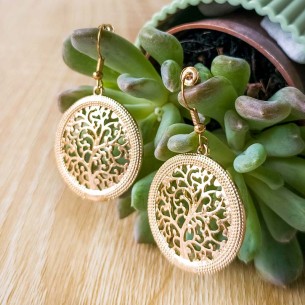 Boucles d'oreilles NATURA Gold Pendantes ajourées Arbre de vie filigrane Doré Rhodium Cristal