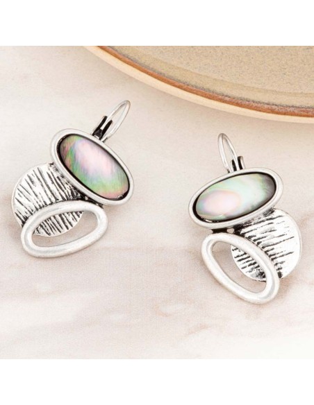 Boucles d'oreilles PALEO SHELL Silver Dormeuses courtes ajourées Martelé Argenté Laiton argenté Nacre