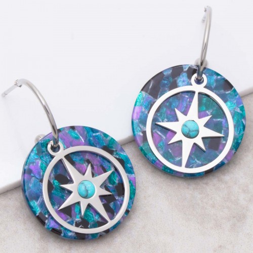 ESTELLA Blue Silver turquoise hoop earrings pendant steel silver star symbol