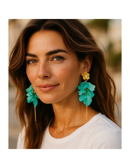 Boucles d'oreilles PETALS OF DEW Aqua Green Gold Pendantes à pendentifs Floral Vert d'eau Acier inoxydable doré Cristal Résines