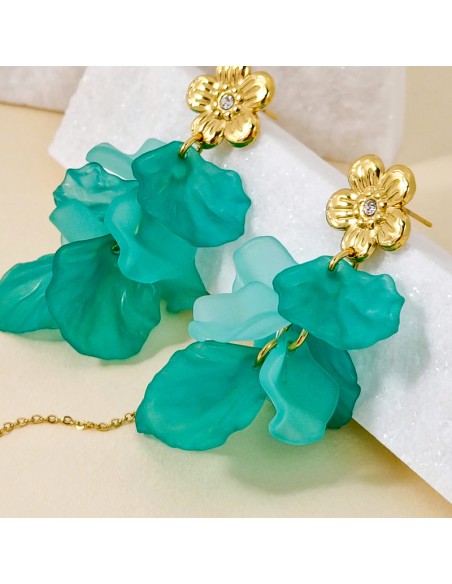 Boucles d'oreilles PETALS OF DEW Aqua Green Gold Pendantes à pendentifs Floral Vert d'eau Acier inoxydable doré Cristal Résines