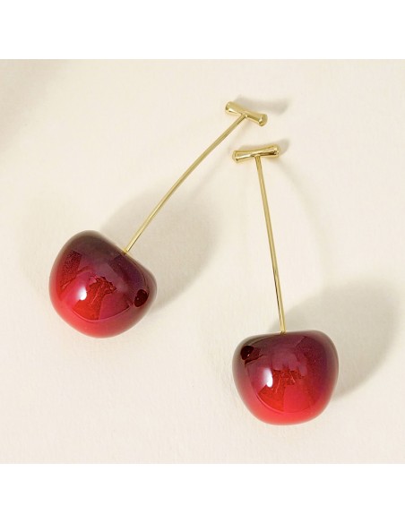 Boucles d'oreilles AMARENA Red Bordeaux Gold Pendantes traversantes Cerise Bordeaux Acier inoxydable doré à l'or fin Résines