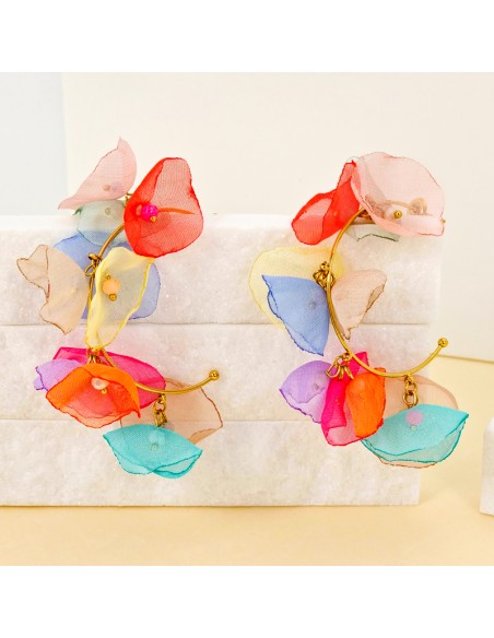 Boucles d'oreilles FLOWERS BOUQUET STEEL Color Gold Créoles pendentif Fleur Multicolore Acier inoxydable doré Cristal et Tissage