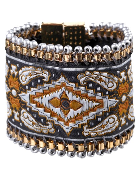 Bracelet CASTELIS Black Yellow Gold Manchette souple Tapisserie médiévale Noir Jaune Laiton doré Broderies à la main Perles