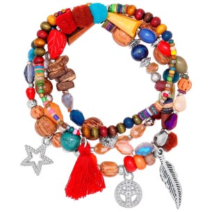 Bracelet DIVOLIA Blue Silver Bracelet à pendentif Multirangs Symboles étoile et plume Argenté Bleu Cristal Bois Pierre de roche