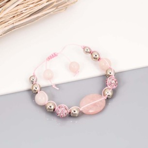 Bracelet TIBETIS Pink Silver Bracelet de perles souple shamballa Argenté et Rose Rhodium Cristal et Agate
