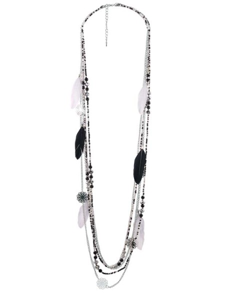 Collier ECUADOR Black & Grey Silver Sautoir Multirangs à pendentifs Filigranes Argenté et Noir Gris Rhodium Cristal et Plumes