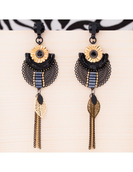 Boucles d'oreilles FLOR DE EGYPTA Black Gold Pendantes longues Floral filigrane Doré et Noir Doré à l'or fin Cristal