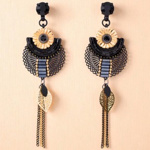 FLOR DE EGYPTA Black Gold earrings Long pendant Floral...