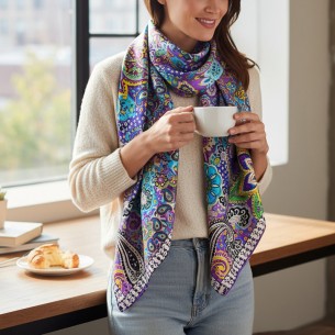 Foulard INDIAN MOOD Blue carré de soie imprimé cachemire...