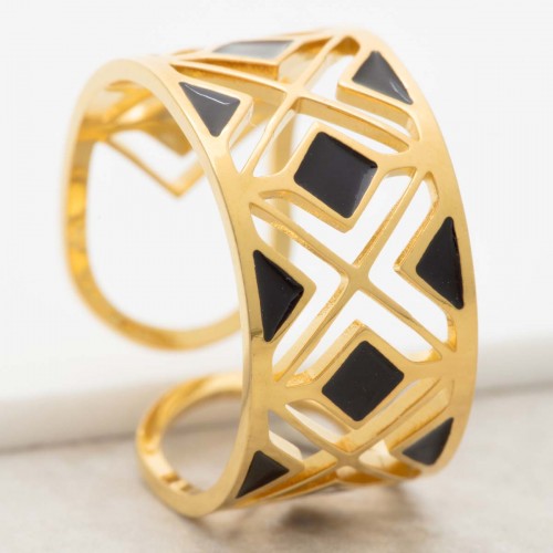 MODAMIA Black Gold minimalist adjustable bangle ring golden steel black openwork