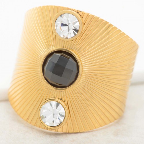 DEMITIS black Gold solar adjustable cabochon ring golden steel black crystal