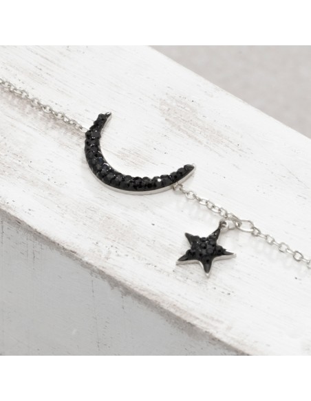 Bracelet STARMOON Black Silver Bracelet fin chaine souple réglable étoile et lune Argenté et Noir Acier inoxydable Cristal