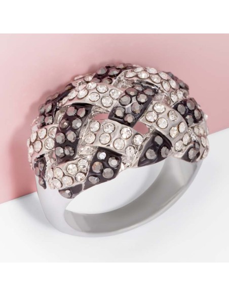 Bague TRESSEA Grey White Silver Cocktail Pavé Panier tressé Argenté et Gris et Blanc Rhodium Cristal