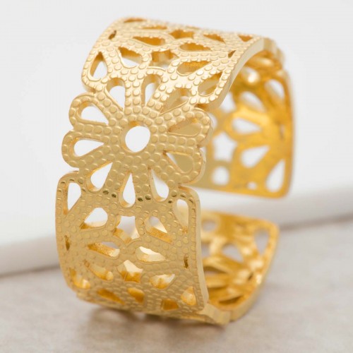 SPRING Gold floral adjustable bangle ring golden steel