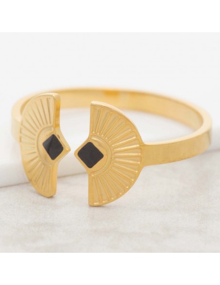 Bijoux bague minimaliste NEFER Black Gold  Menthe À l'O réglable acier inoxydable doré émaux noir Bijoux Sauvages