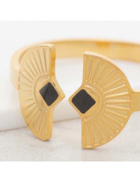 Bijoux bague minimaliste NEFER Black Gold  Menthe À l'O réglable acier inoxydable doré émaux noir Bijoux Sauvages