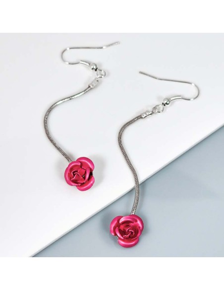 Boucles d'oreilles FLOR Pink Silver Pendantes à pendentif Fleur Argenté et Rose Rhodium