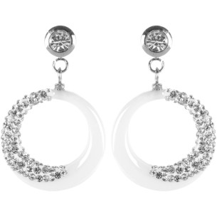 Boucles d'oreilles MOONLIGHT White Silver Pendantes courtes Lune Argenté et Blanc Acier inoxydable Céramique et Cristal