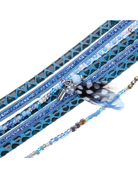 Bracelet EREA Blue Silver Manchette souple Multirangs Imprimé serpent et plume Argenté Bleu Rhodium Simili-Cuir Cristal Plumes