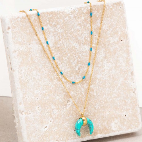 MOONTIS Blue Gold Necklace Multi-row Ethnic golden steel Turquoise blue
