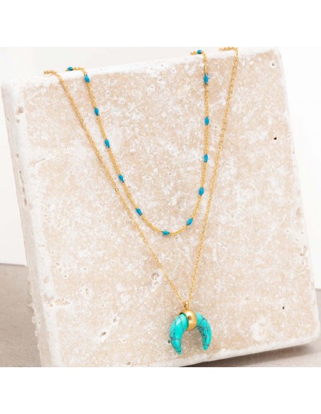 Bijoux collier Ethnique fin Multi-rangs MOONTIS Blue Gold Menthe À l'O acier inoxydable doré bleu Turquoise Bijoux Sauvages