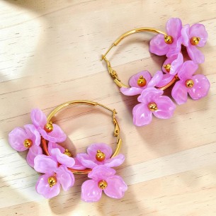Boucles d'oreilles LILA BOUQUET STEEL Mauve Gold Créoles...