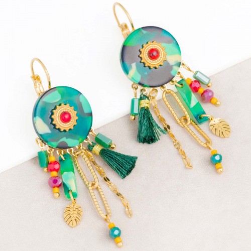 KERINE Color Green Gold ethnic dangling earrings in multicolored green golden steel and red jasper stone