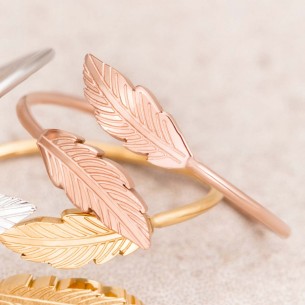 BIRDY Pink Gold Silver adjustable ring feather steel gilded silver