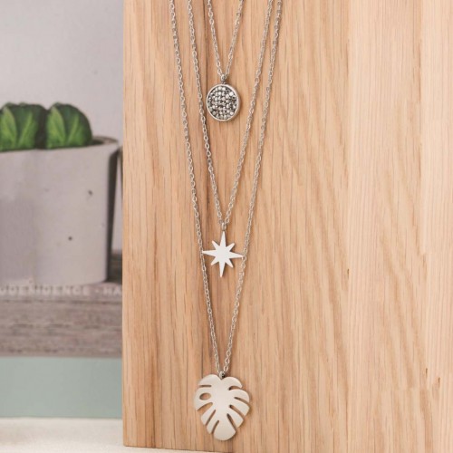 LUGSBY Gold Silver necklace Multi-row astral star leaf nature crystal golden steel silver