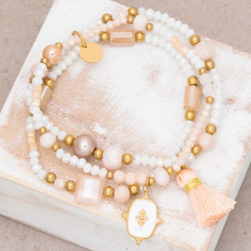 MARGO White Gold pearl bracelet golden steel medal and white precious stones