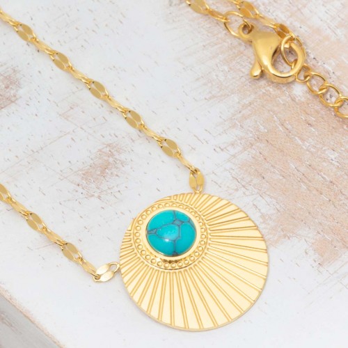 MOARA Blue Gold short necklace solar symbol steel golden blue Turquoise