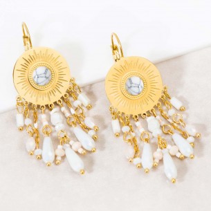 LOUISE White Gold boucles d'oreilles pendantes solaires acier doré cristal et pierre agate blanche