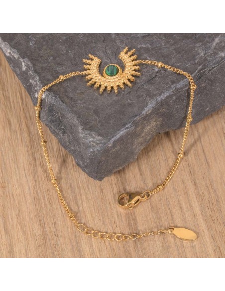 SUNSTICE Green Gold bracelet fin acier doré symbole solaire malachite verte
