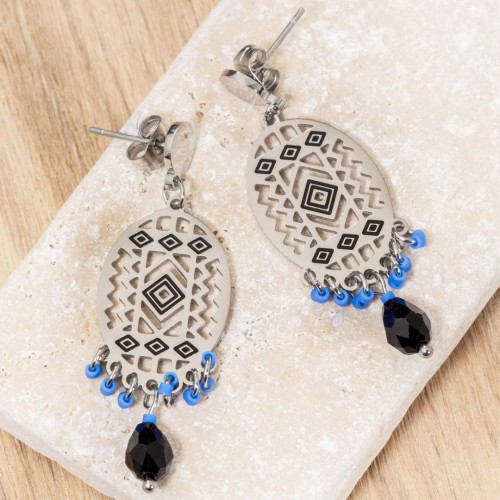 Earrings EVERGLADES Blue Silver Short dangling Ethnic Native American Silver and Blue Stainless steel Crystals set