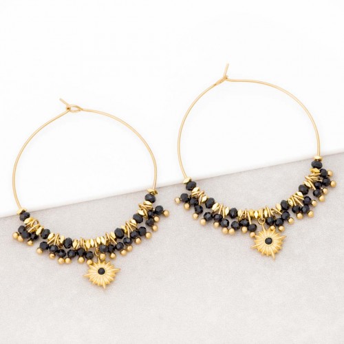 ESTELLO Black Gold earrings Gold and black Solar pendant hoop earrings Stainless steel gilded with fine gold Crystals set