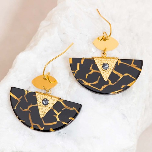 MINARAL Black Gold earrings Paved dangling Terrazzo Gold and Black Stainless steel Black howlite and Resins