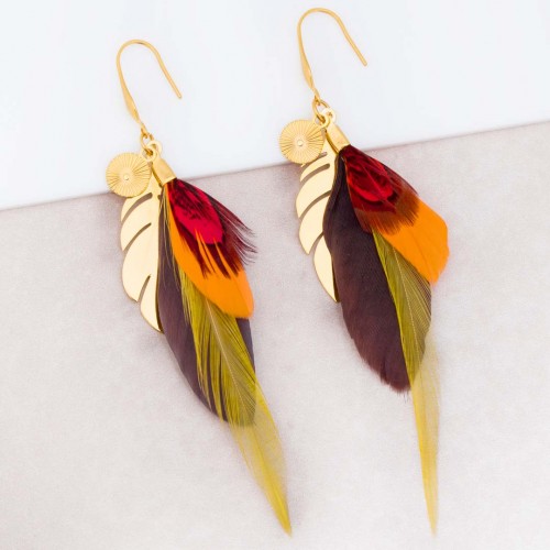 Earrings NATIVE Red Gold Long dangling Ethnic feathers Golden Red Orange Chocolate Gold-plated stainless steel