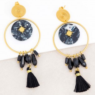 ASTOL Black Gold Dangling Openwork Solar Pendant Gold and Black Earrings Stainless Steel Crystals Resins Pompom