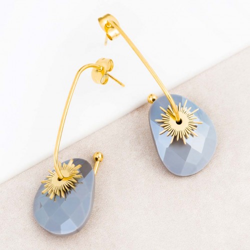 SUNSTAR Gray Gold Dormeuse hoop earrings with Solar Gold and Gray pendant Stainless steel gilded with fine gold Crystal