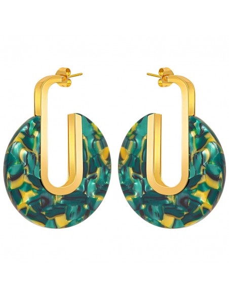 Boucles d'oreilles KAMPALA STEEL Green Emerald Gold Créoles disques Doré Vert émeraude Acier inoxydable doré à l'or fin Résines