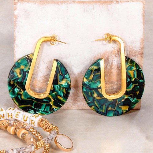 Earrings KAMPALA STEEL Green Emerald Gold Hoops discs Gold Emerald green Stainless steel gilded with fine gold Resins