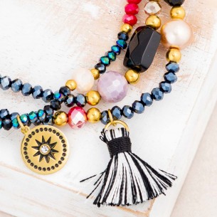 Bracelet DIVOLINE Color Gold Bracelet de perles multirangs Symbole solaire Doré Multicolore Acier inoxydable Cristal Pompon 2