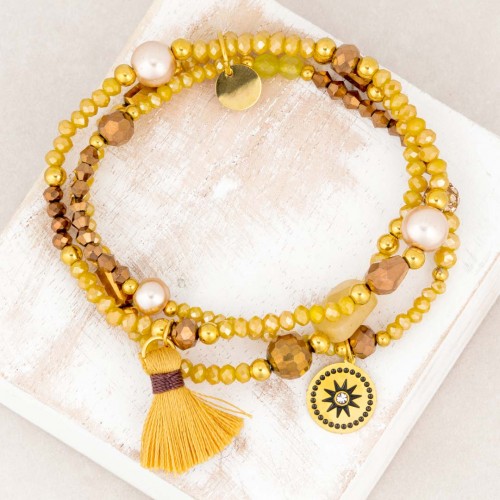 Bracelet DIVOLINE Mustard Yellow Gold Bracelet de perles multirangs solaire Doré Jaune Moutarde Acier inoxydable Cristal Pompon