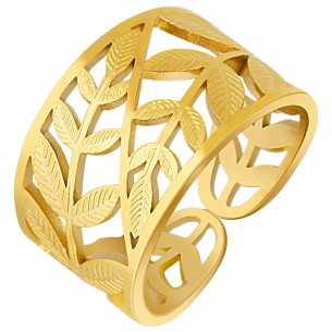 Ring LEAF STEEL Gold Openwork Openwork Jonc Adjustable Flexible Leaves Golden and Golden Stainless Steel Gold With Fine Gold