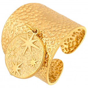 Bague GALAXIS STEEL Gold Jonc à pampille réglable flexible Symboles stellaires Doré  Acier inoxydable doré à l'or fin
