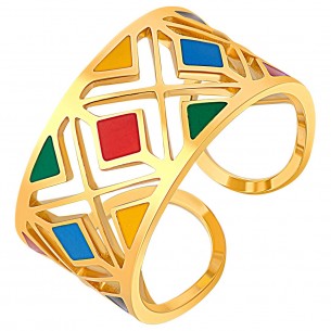 MODAMIA STEEL Color Gold ring Flexible adjustable openwork bangle Multicolor Checkerboard Stainless steel gilded enamels