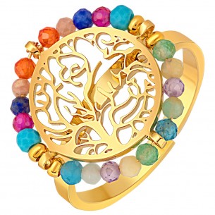 Ring EVACOLA STEEL Color Gold Flexible adjustable cabochon Tree of life filigree Golden Multicolor Stainless steel Crystal