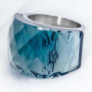 Ring ICE CRYSTAL STEEL Gray Blue Silver Cabochon Crystal Silver and Heather Blue Gray Stainless Steel Crystal